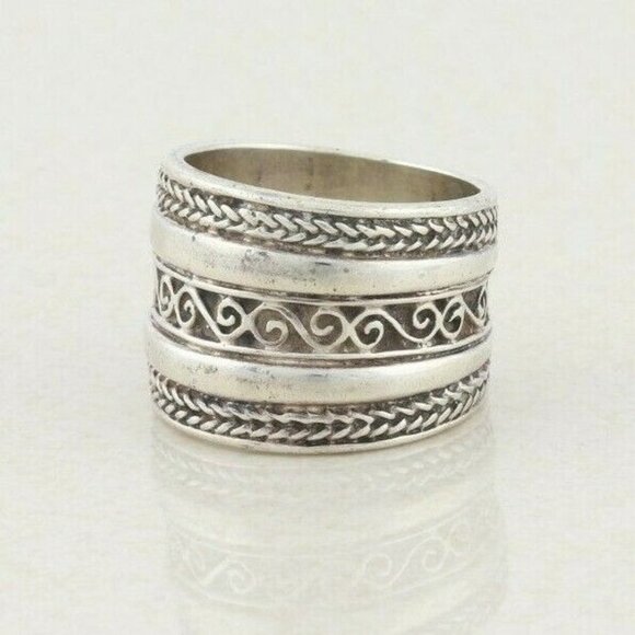 Sterling Silver Rope Border Dome Thick Band Ring Size 5 3/4 - Picture 5 of 6